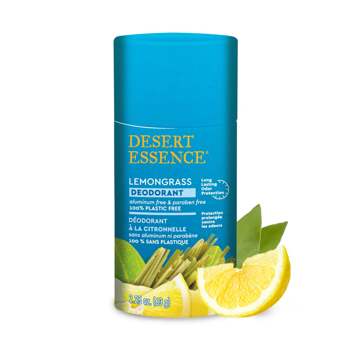 Desert Essence Tea Tree Deodorant lemongrass packaging highlights plastic-free design for sustainable choice.