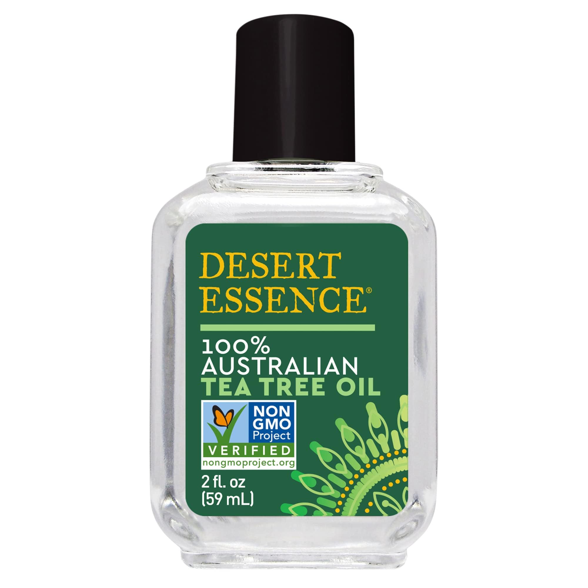 Desert Essence Tea Tree Oil bottle showing premium cleansing oil for skin and air.