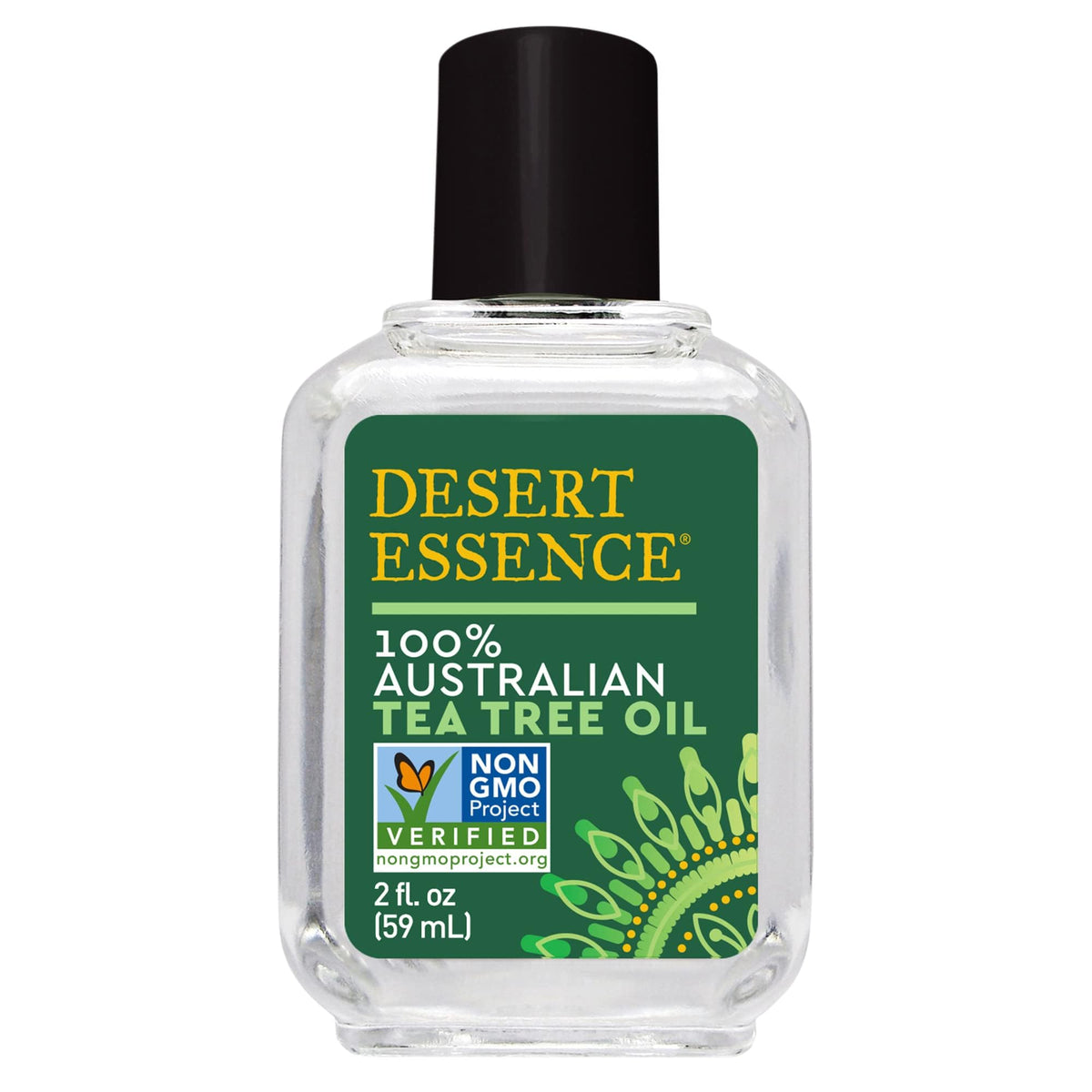 Desert Essence Tea Tree Oil bottle showing premium cleansing oil for skin and air.