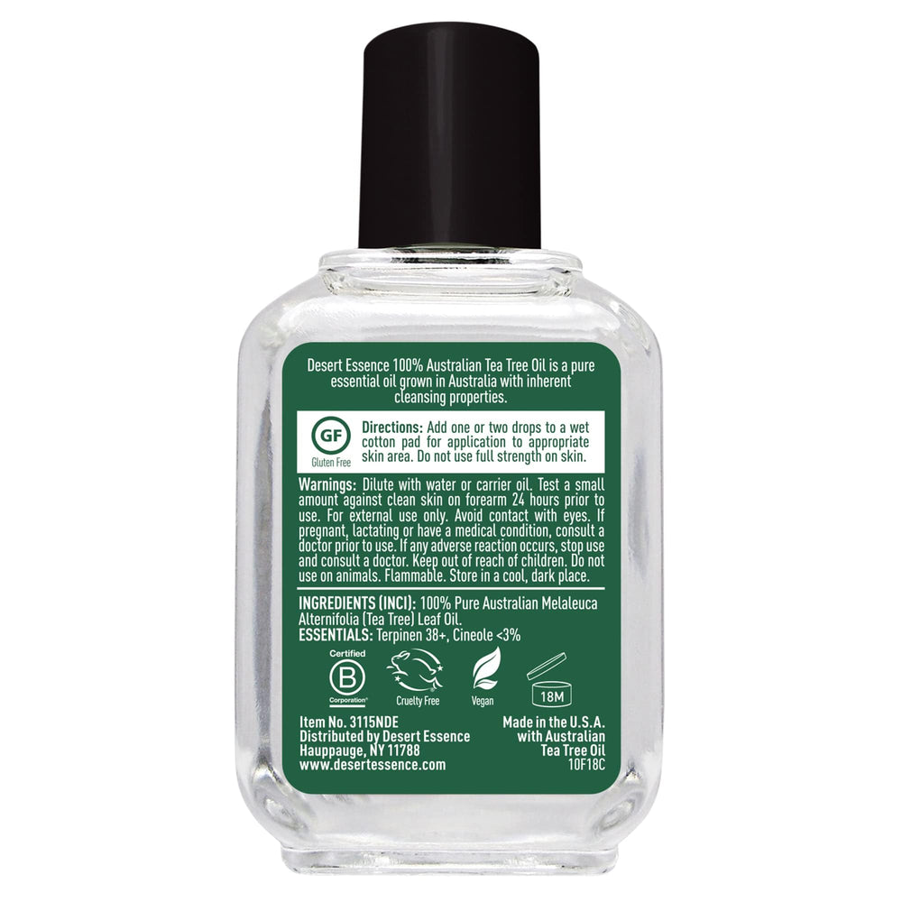 Desert Essence Tea Tree Oil label closeup highlighting Australian source.