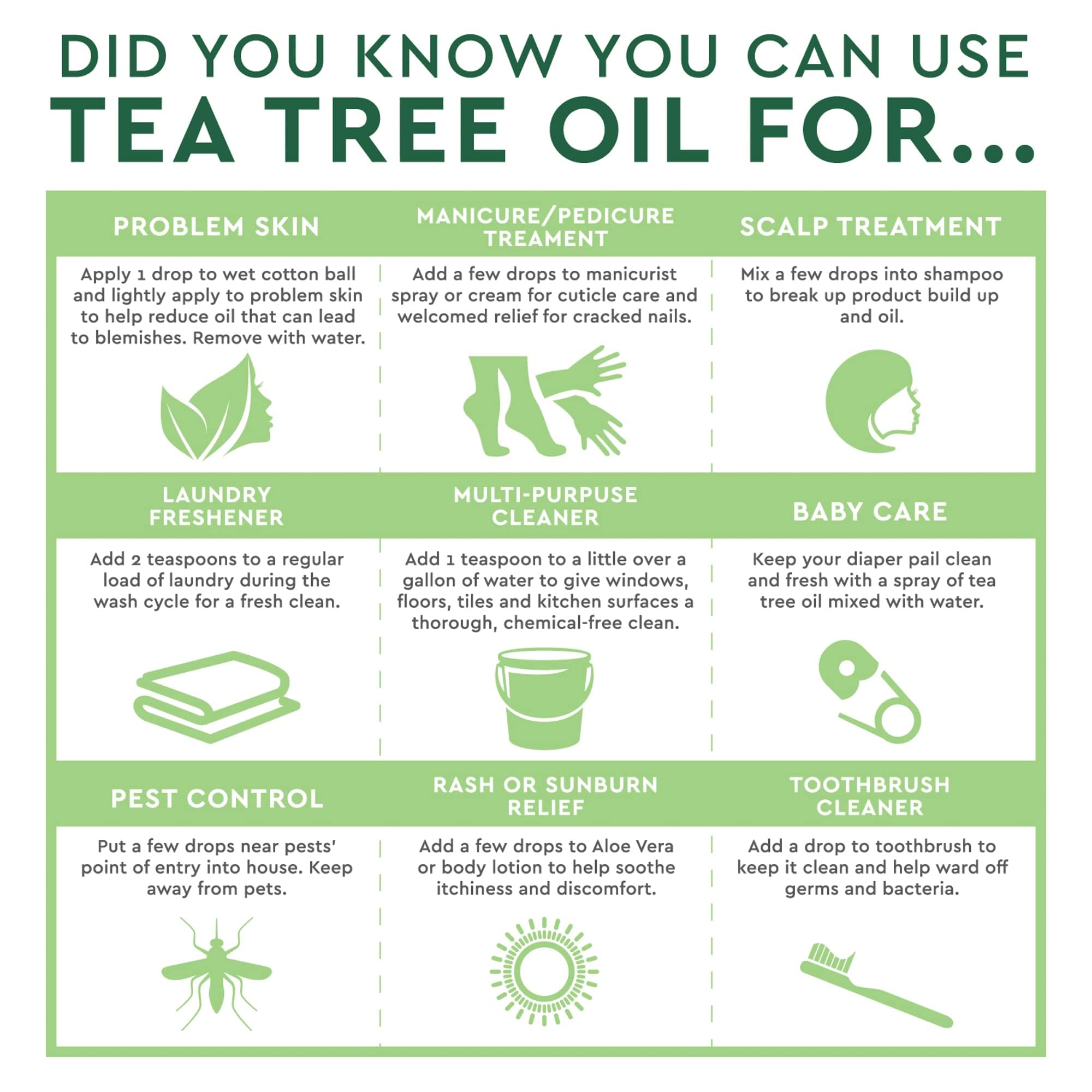 Desert Essence Tea Tree Oil pour shot illustrating versatile cleaning and refreshing uses.