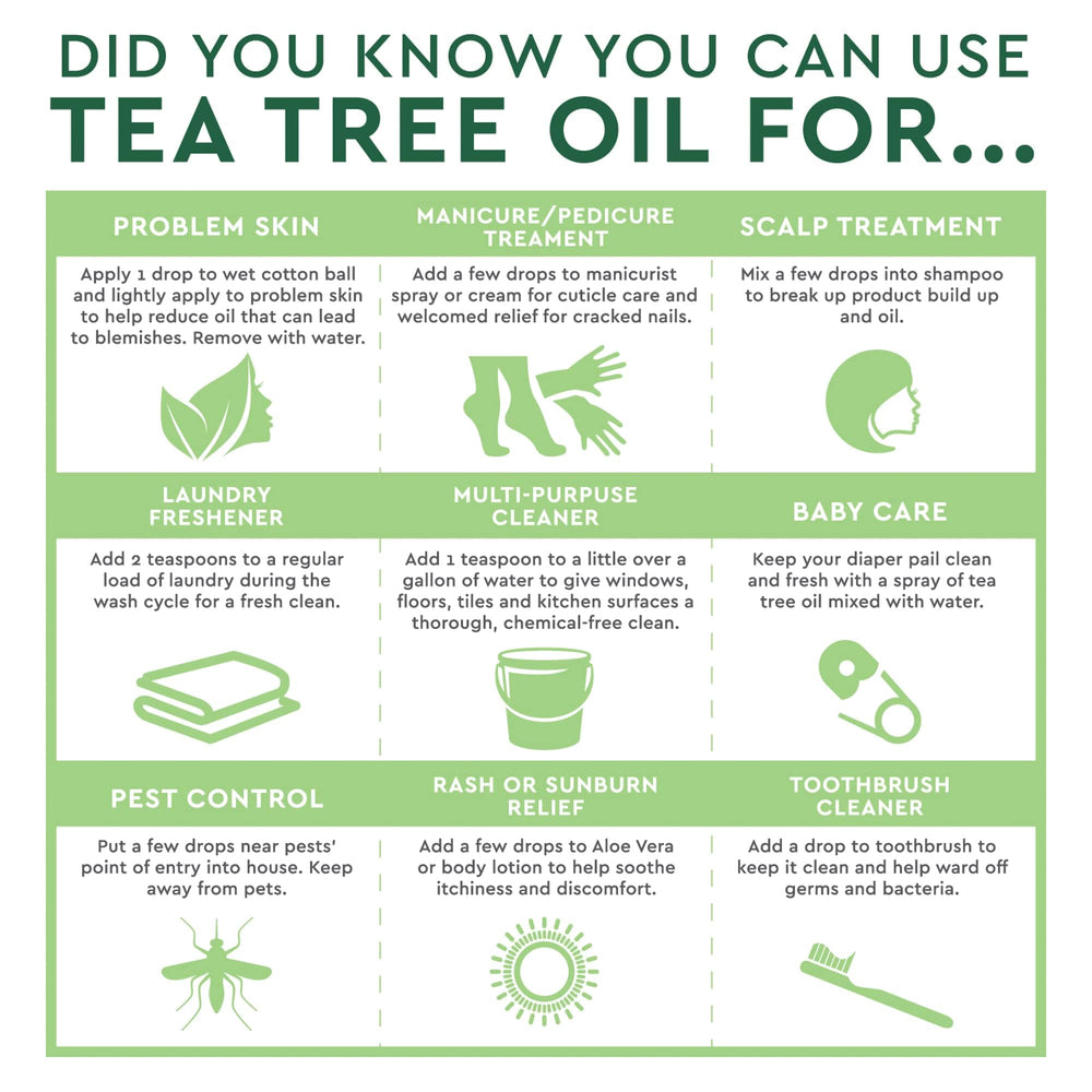 Desert Essence Tea Tree Oil pour shot illustrating versatile cleaning and refreshing uses.