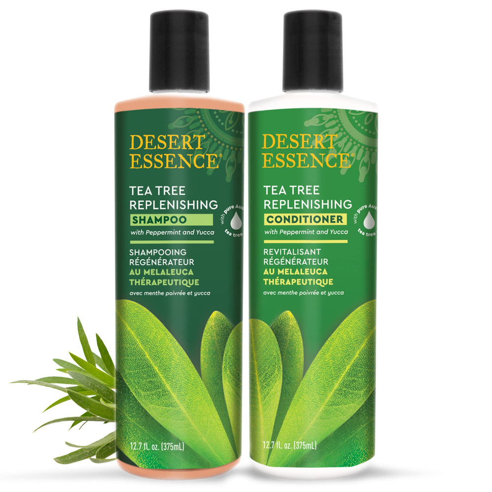 Desert Essence Tea Tree Replenishing Conditioner bottle nourishes hair shine.