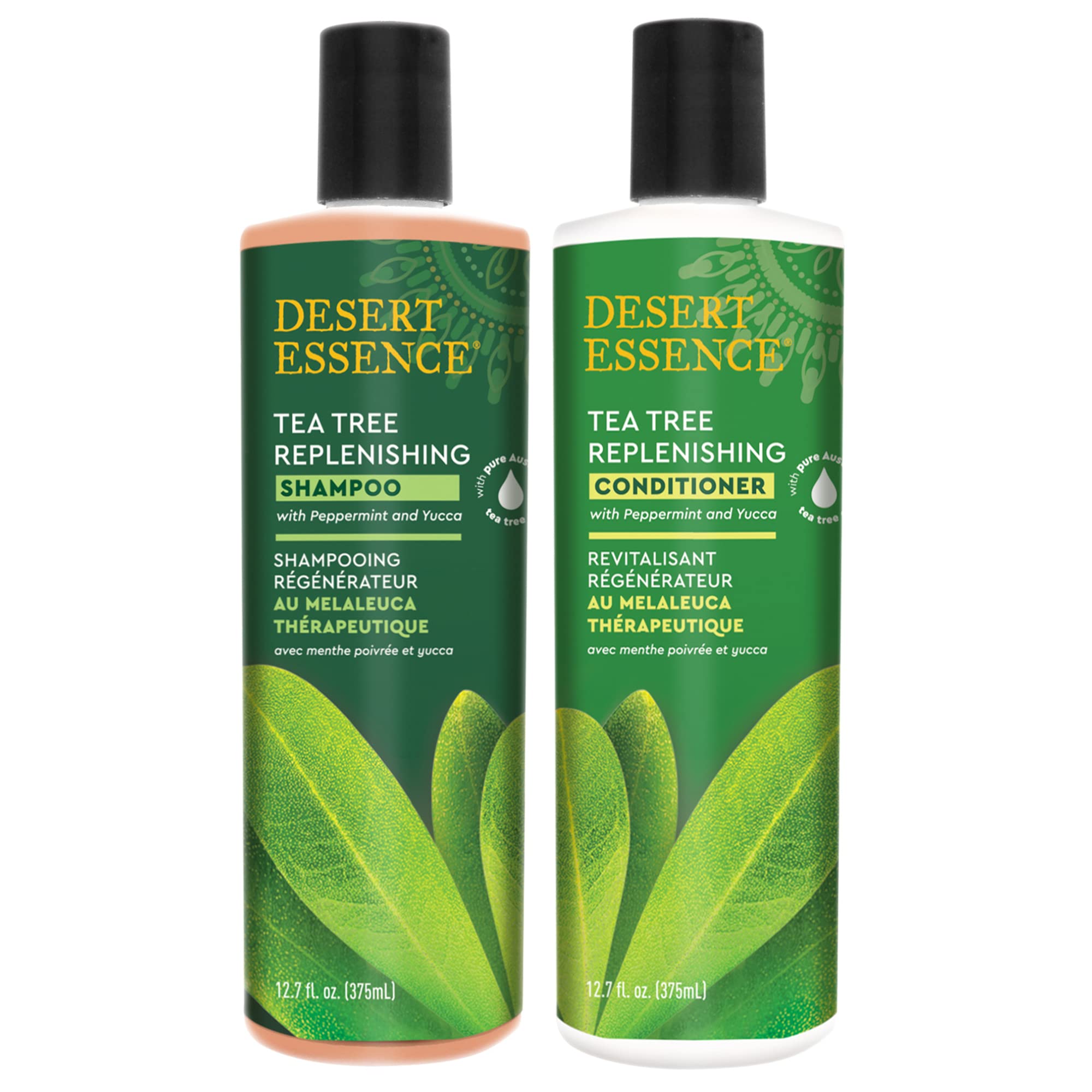 Desert Essence Tea Tree Replenishing Shampoo bottle promotes scalp refreshment.