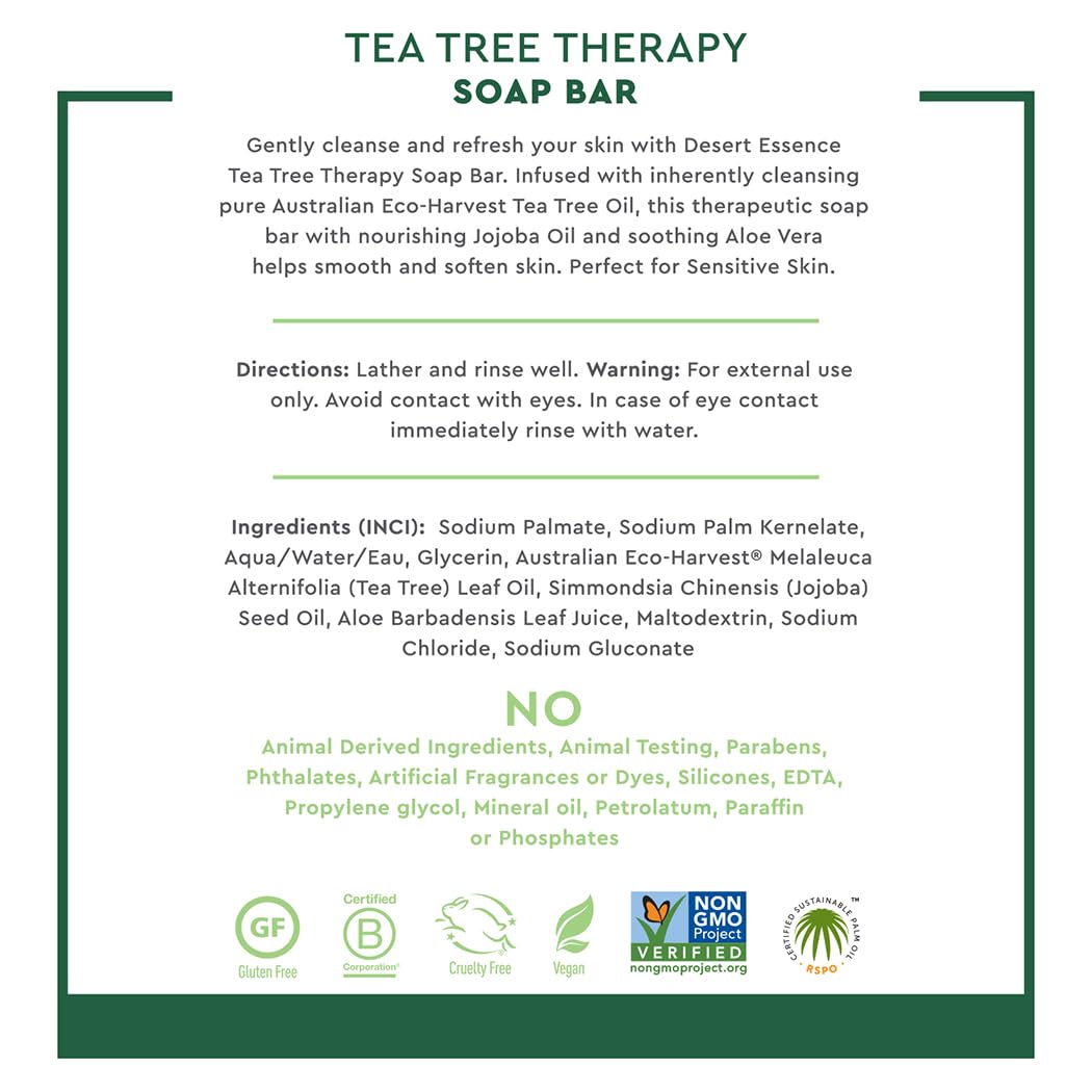 Desert Essence Tea Tree Therapy Soap Bar with Aloe supports hydration and soft skin.