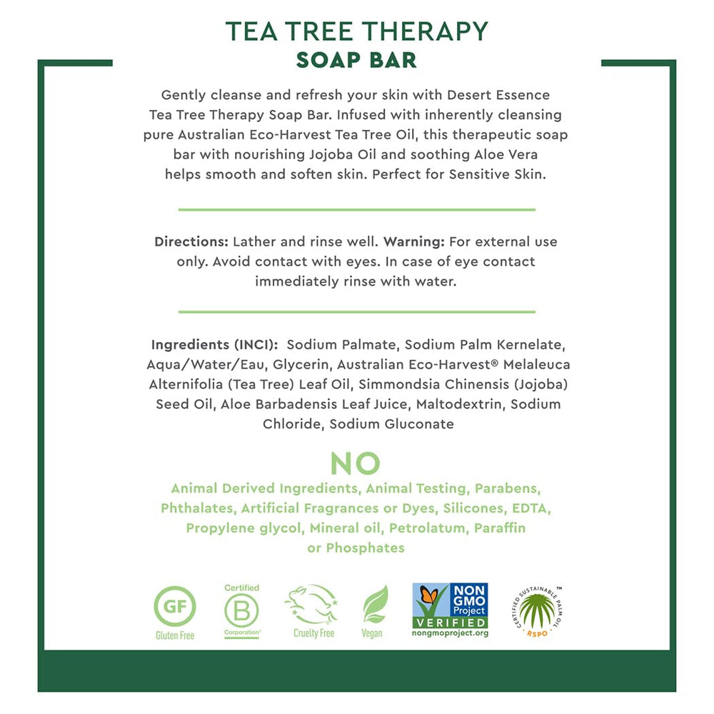 Desert Essence Tea Tree Therapy Soap Bar with Aloe supports hydration and soft skin.
