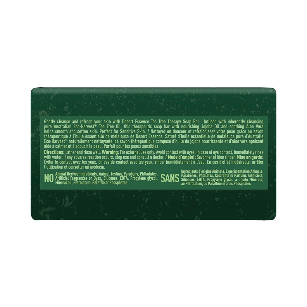 Desert Essence Tea Tree Therapy Soap Bar used on body for everyday refreshment.