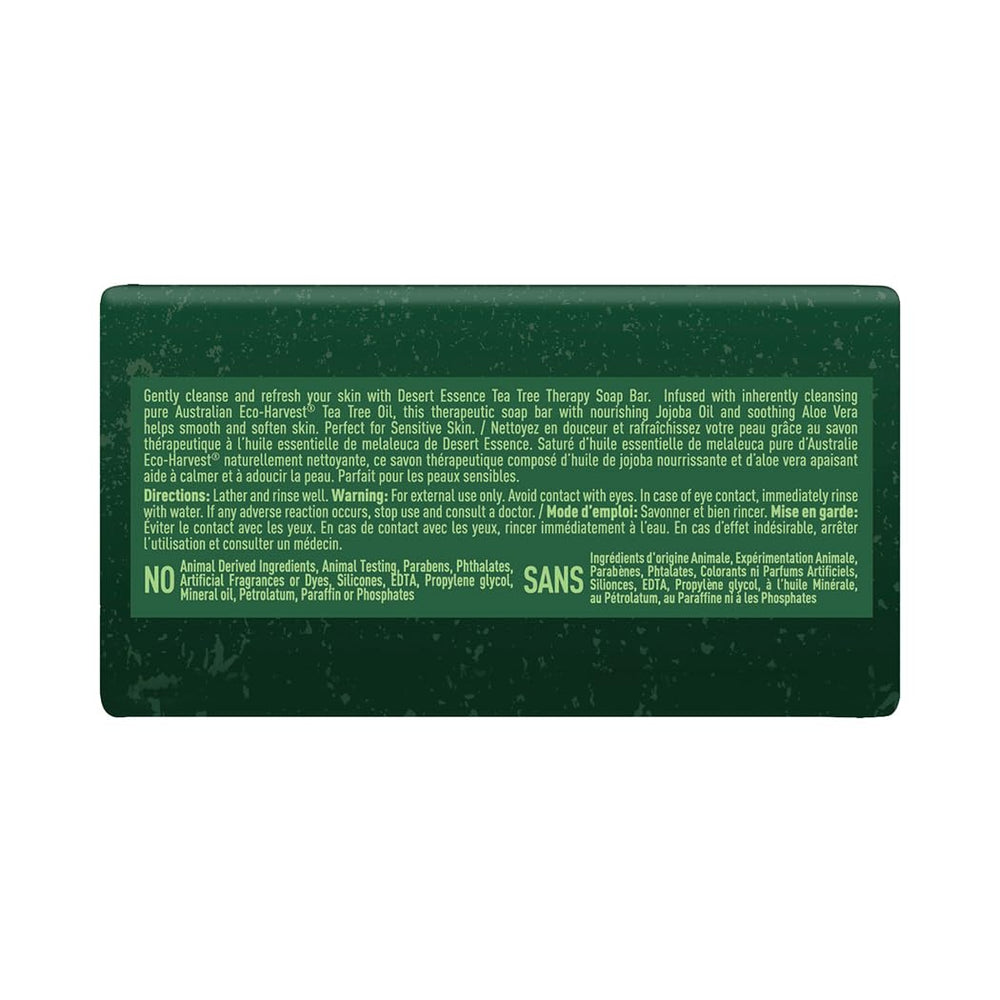 Desert Essence Tea Tree Therapy Soap Bar used on body for everyday refreshment.
