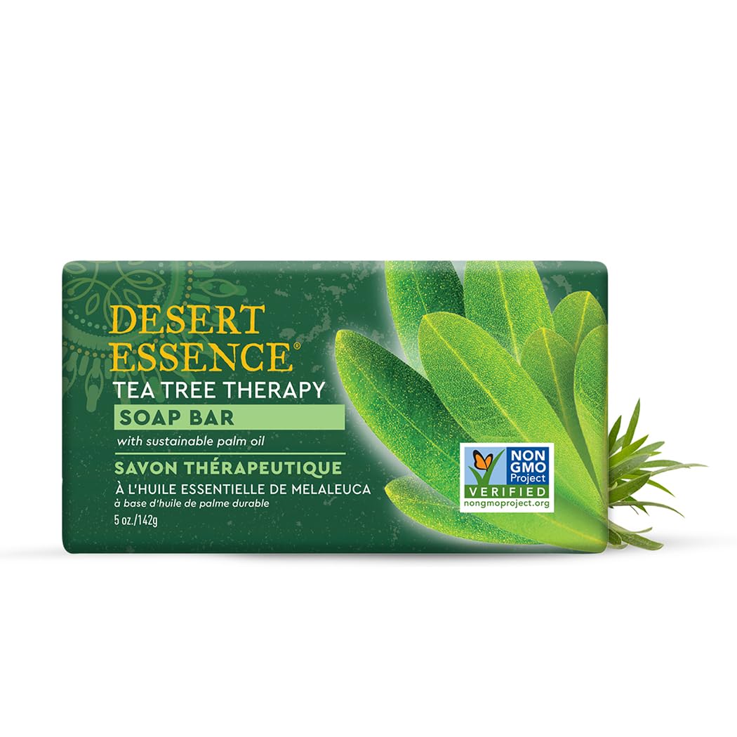 Desert Essence Tea Tree Therapy Soap Bar packaging highlights eco-friendly design for sustainable cleansing.