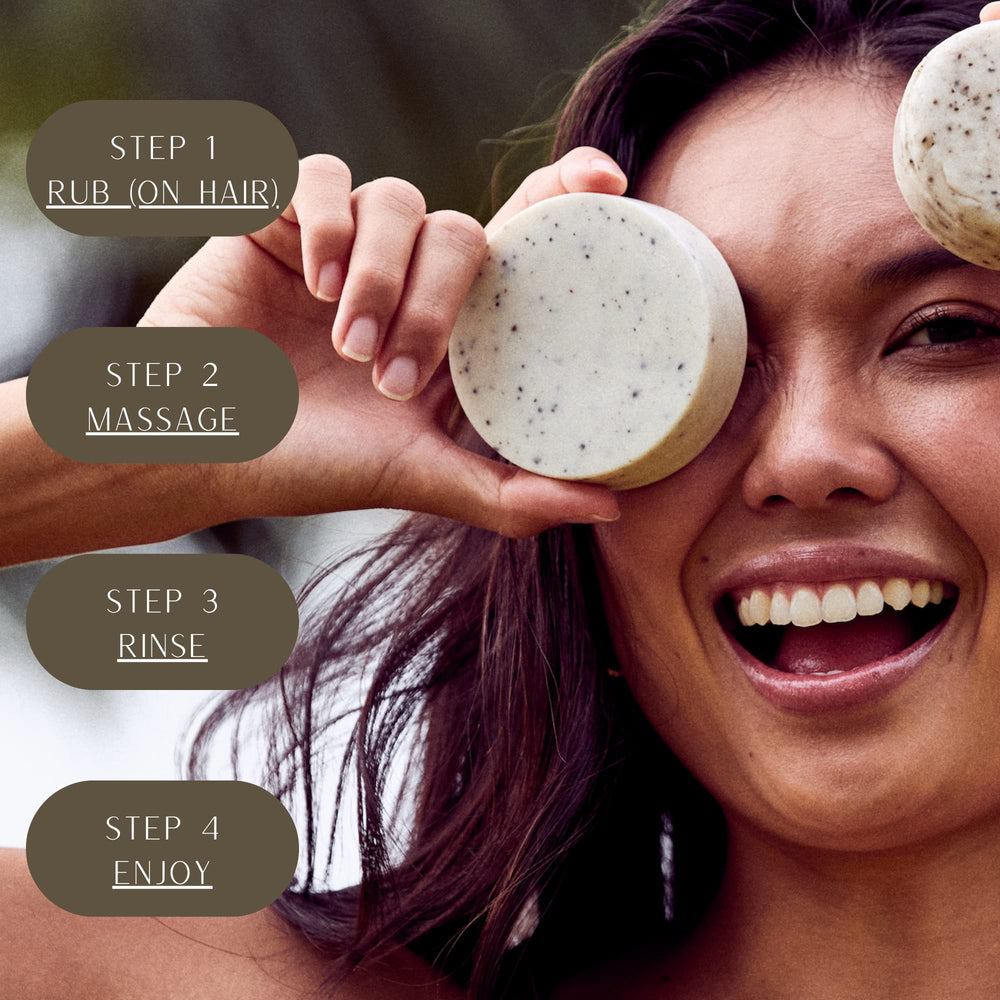 Desesh coffee-vanilla conditioner bar in shower, offering inviting aroma and simple use.