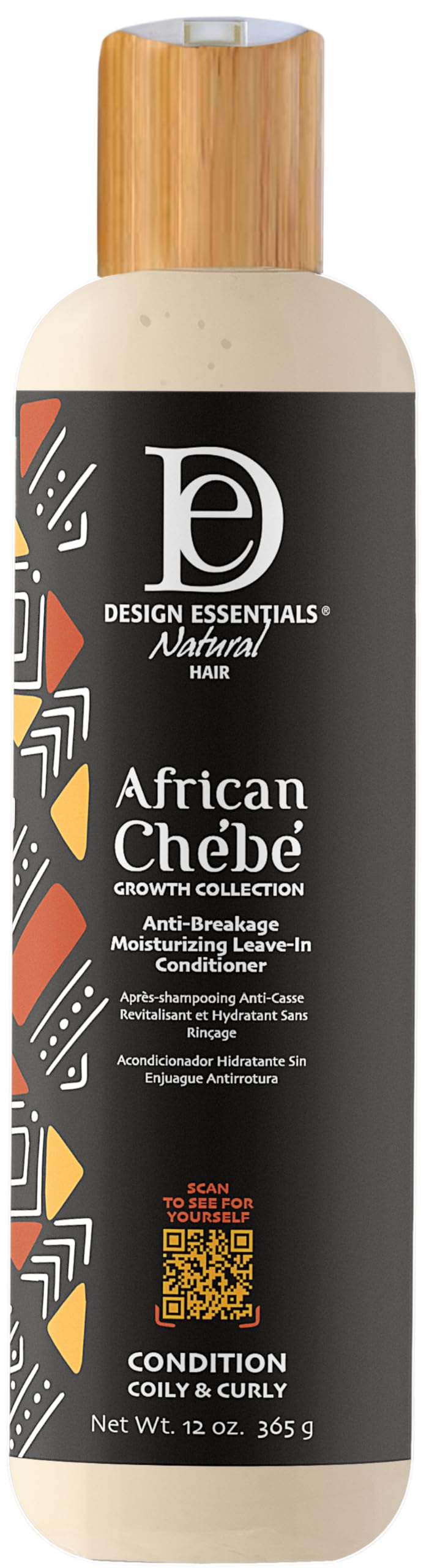 Design Essentials African Chebe anti-breakage bottle highlighting leave-in benefits for healthier hair