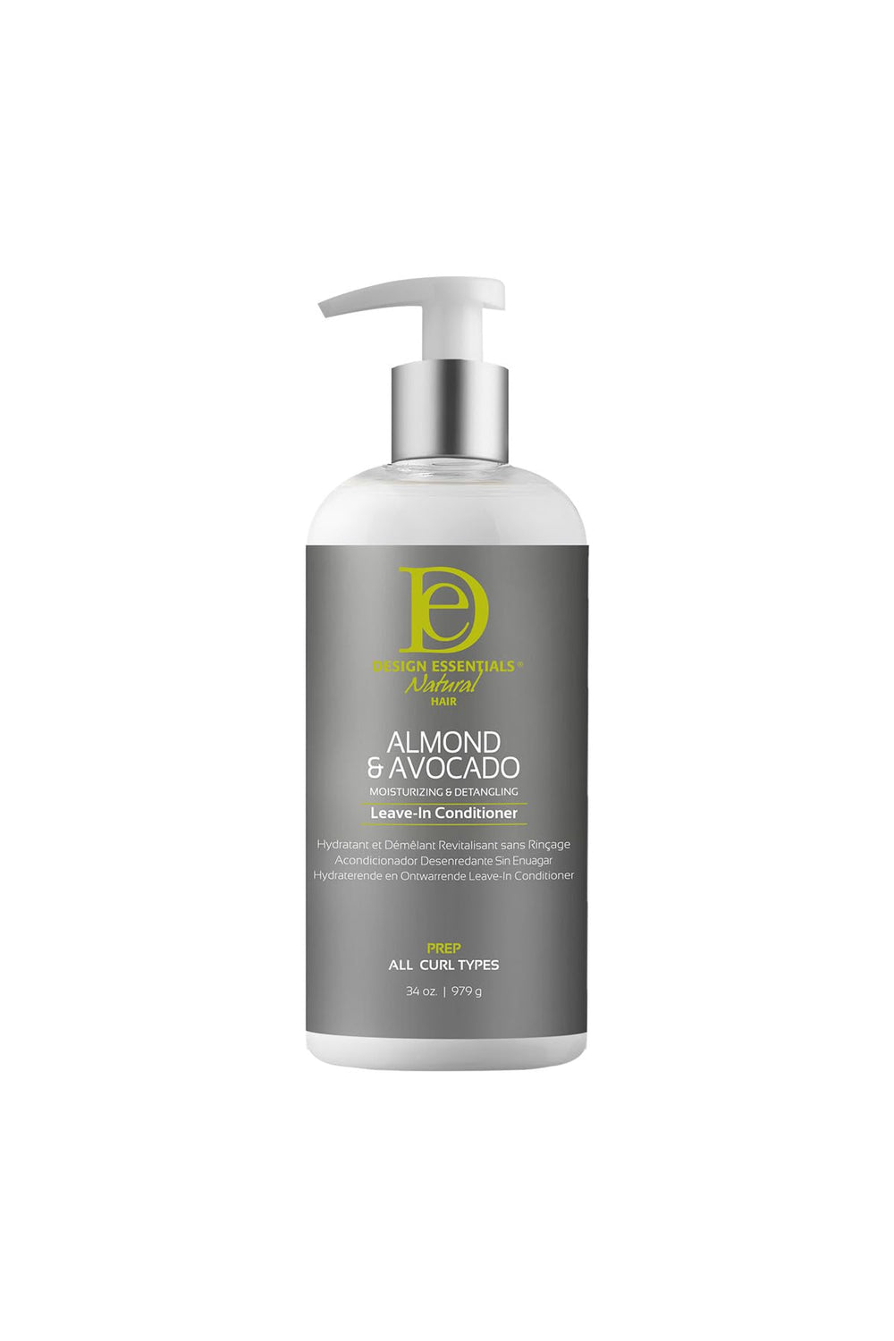 Design Essentials Almond & Avocado Leave-In bottle promotes lightweight moisture for curls.