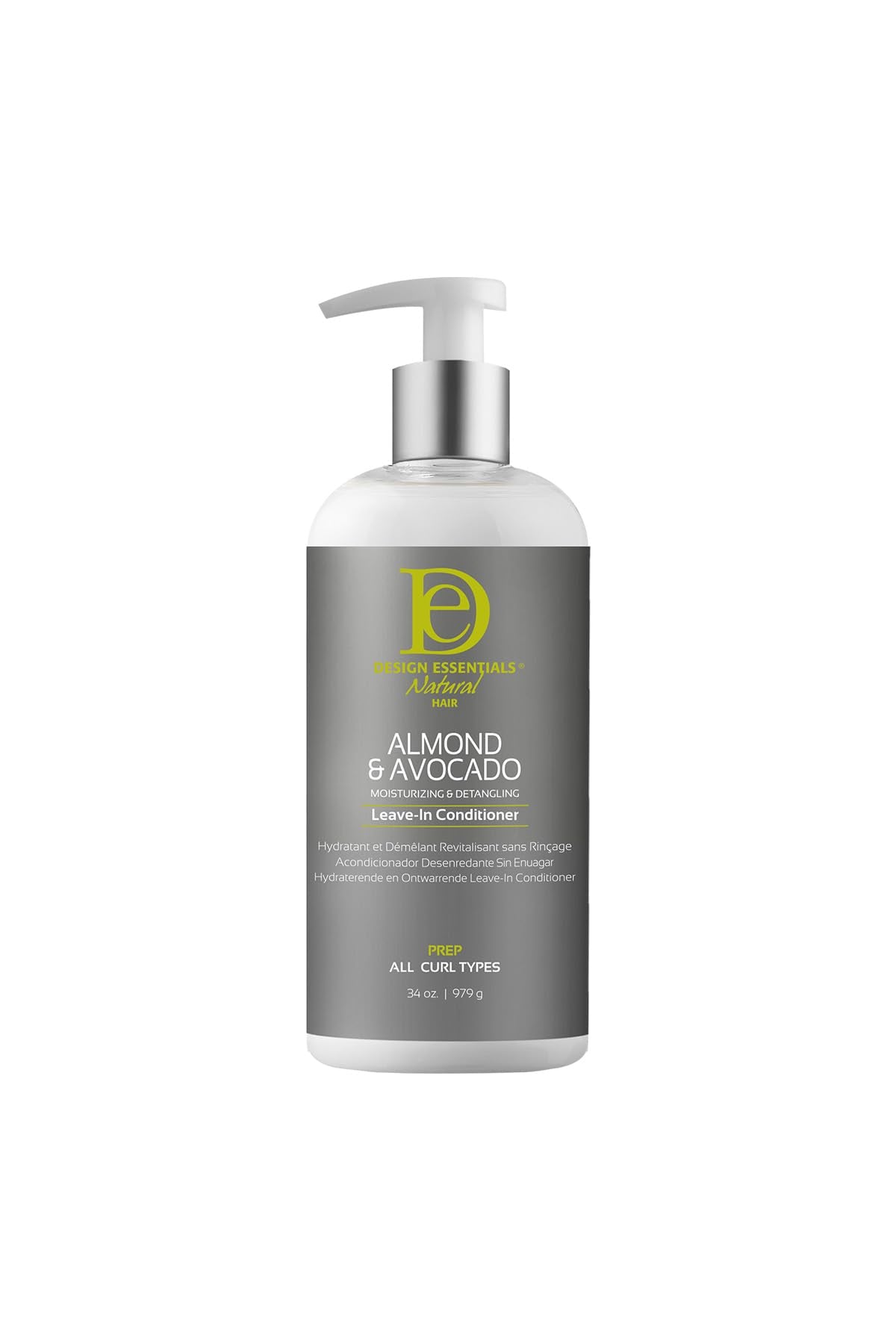 Design Essentials Almond & Avocado Leave-In bottle promotes lightweight moisture for curls.