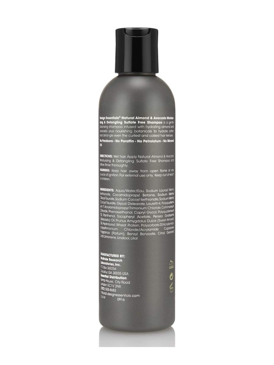 Design Essentials almond avocado shampoo bottle shows smooth rinse and reduced detangling time.