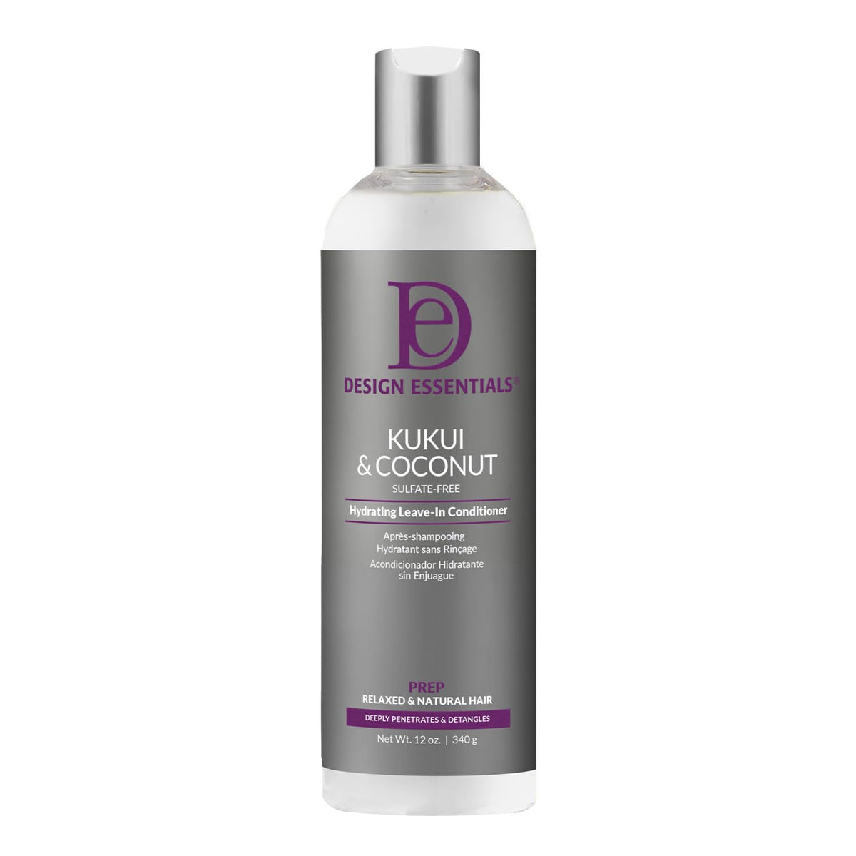 Design Essentials Kukui & Coconut Leave-In bottle for deep moisture on dry hair.