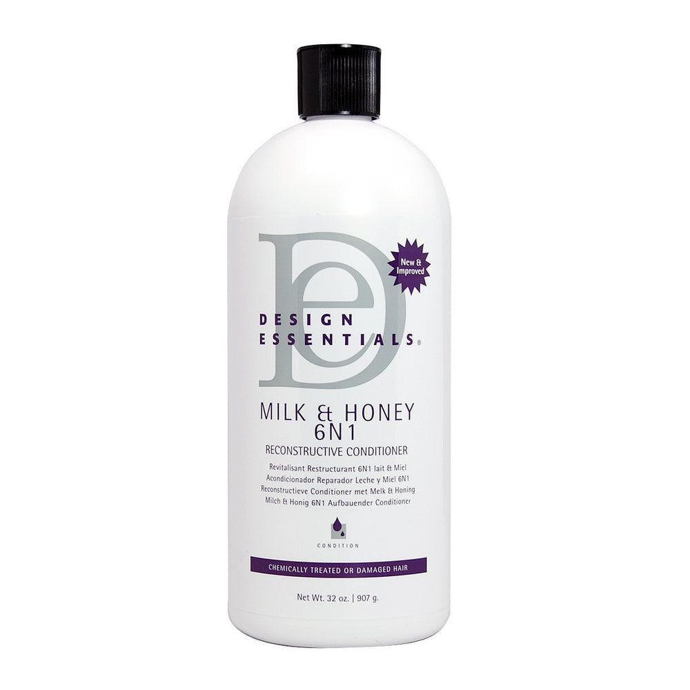 Design Essentials Milk & Honey 6N1 conditioner bottle pour for deep hydration and shine.