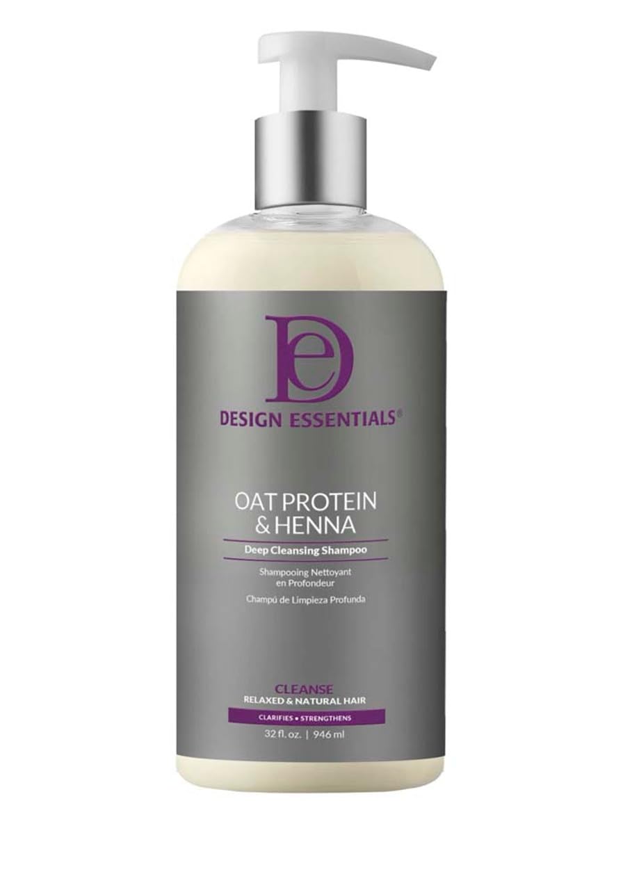 Design Essentials oat protein henna shampoo bottle, front view, clarifying buildup while preserving moisture