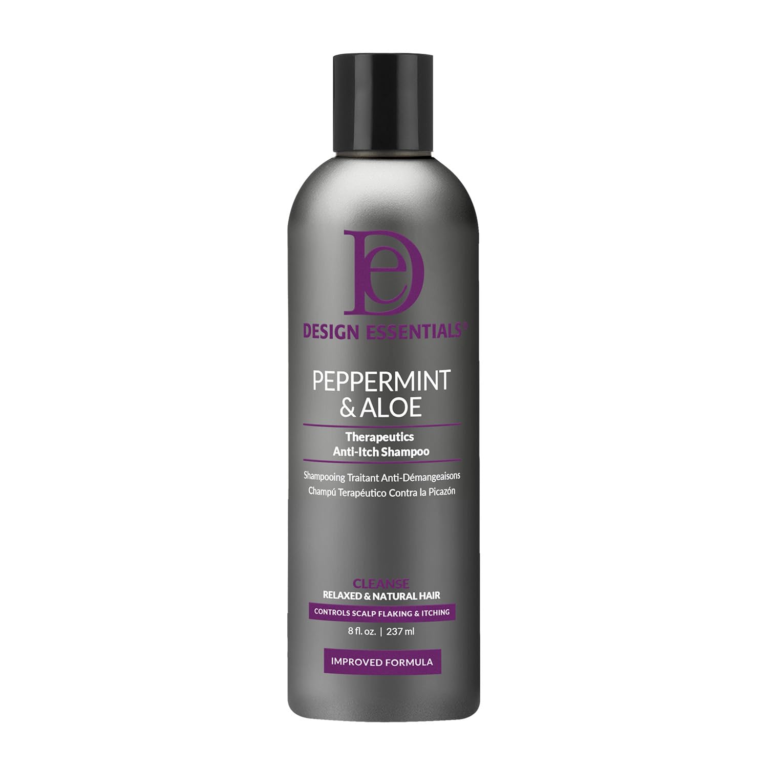 Design Essentials peppermint aloe anti-itch shampoo bottle with cooling sensation for scalp relief.