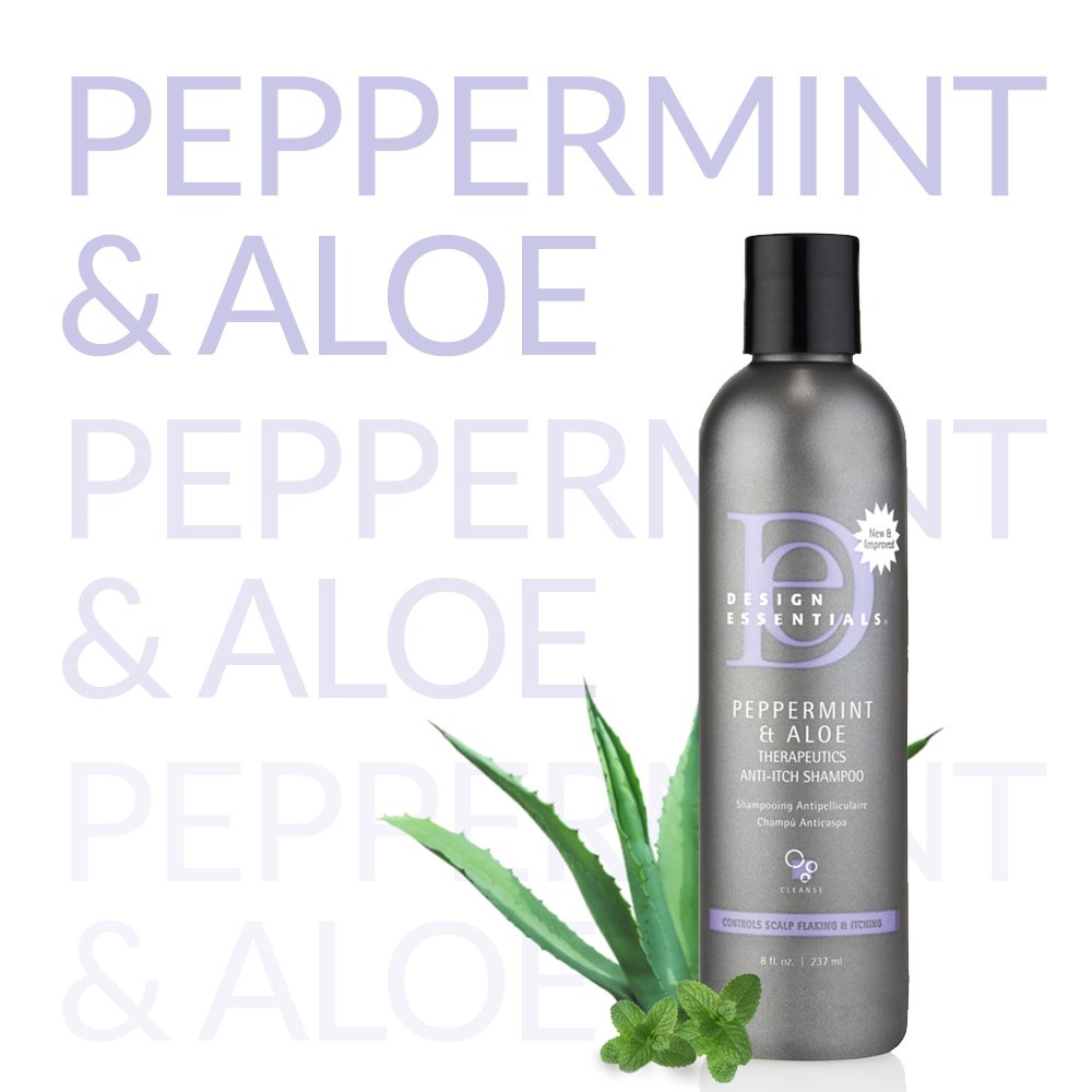 Design Essentials Peppermint Aloe Anti-Itch Shampoo on shower shelf with water droplets for instant cooling sensation.