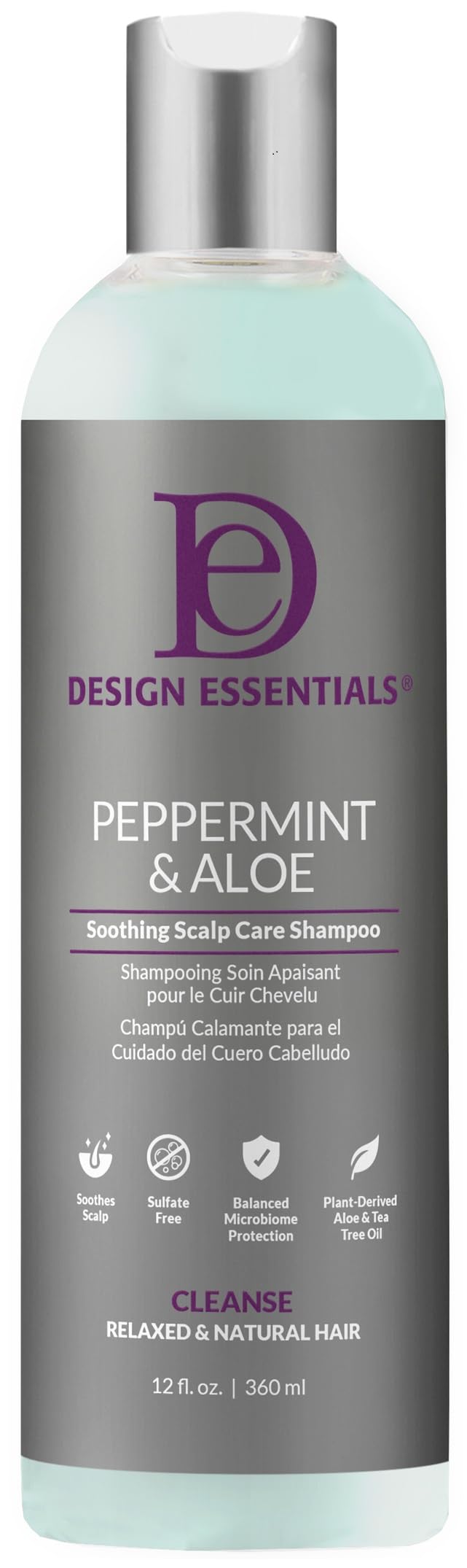 Design Essentials Peppermint & Aloe Therapeutics anti-itch shampoo bottle provides calming relief for itchy, flaky scalp.