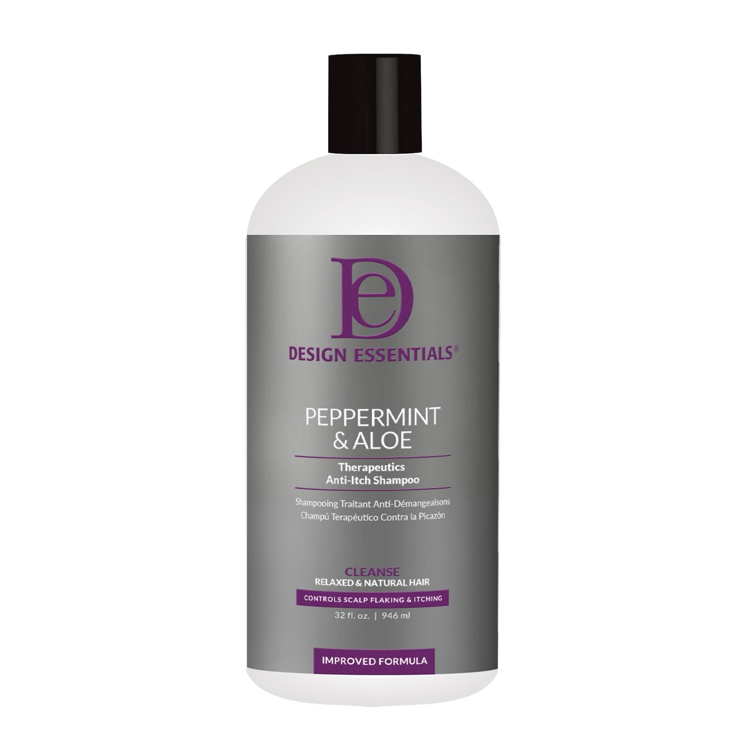 Design Essentials Peppermint & Aloe Therapeutics AntiItch Shampoo bottle offering soothing scalp relief.