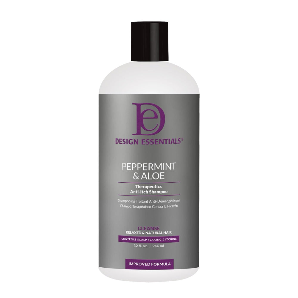 Design Essentials Peppermint & Aloe Therapeutics AntiItch Shampoo bottle offering soothing scalp relief.