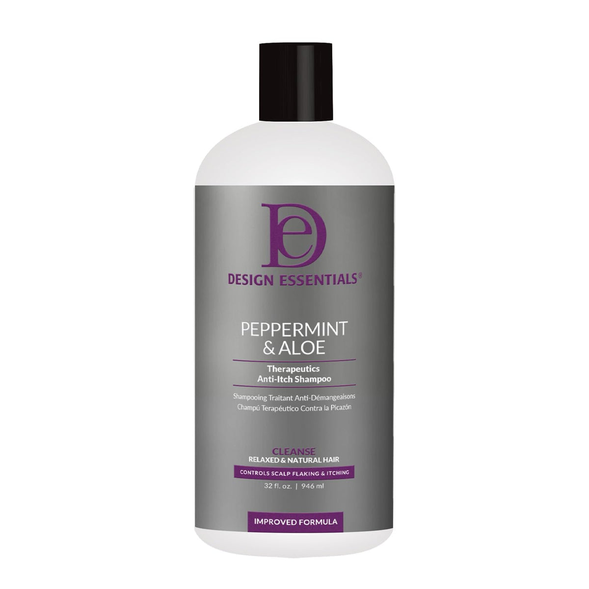 Design Essentials Peppermint & Aloe Therapeutics AntiItch Shampoo bottle offering soothing scalp relief.