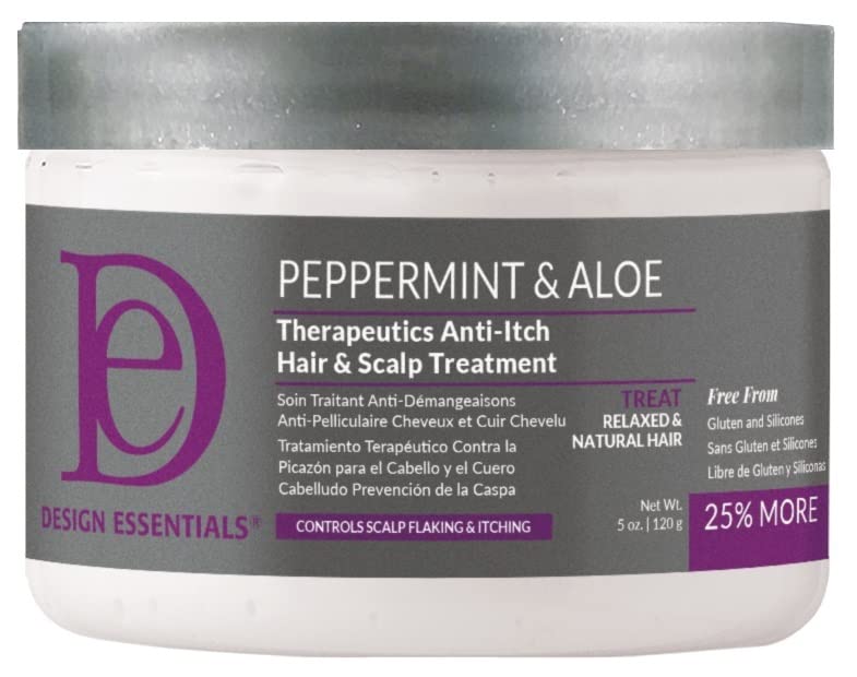 Design Essentials Peppermint & Aloe Therapeutics bottle pour with refreshing, scalp-friendly formula.