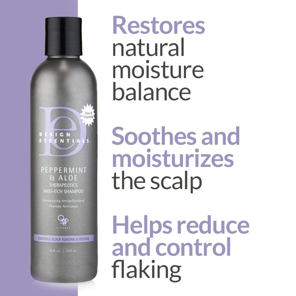 Design Essentials peppermint aloe therapeutic shampoo close-up highlights zinc-based formula for flake control.
