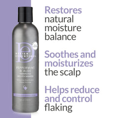 Design Essentials peppermint aloe therapeutic shampoo close-up highlights zinc-based formula for flake control.