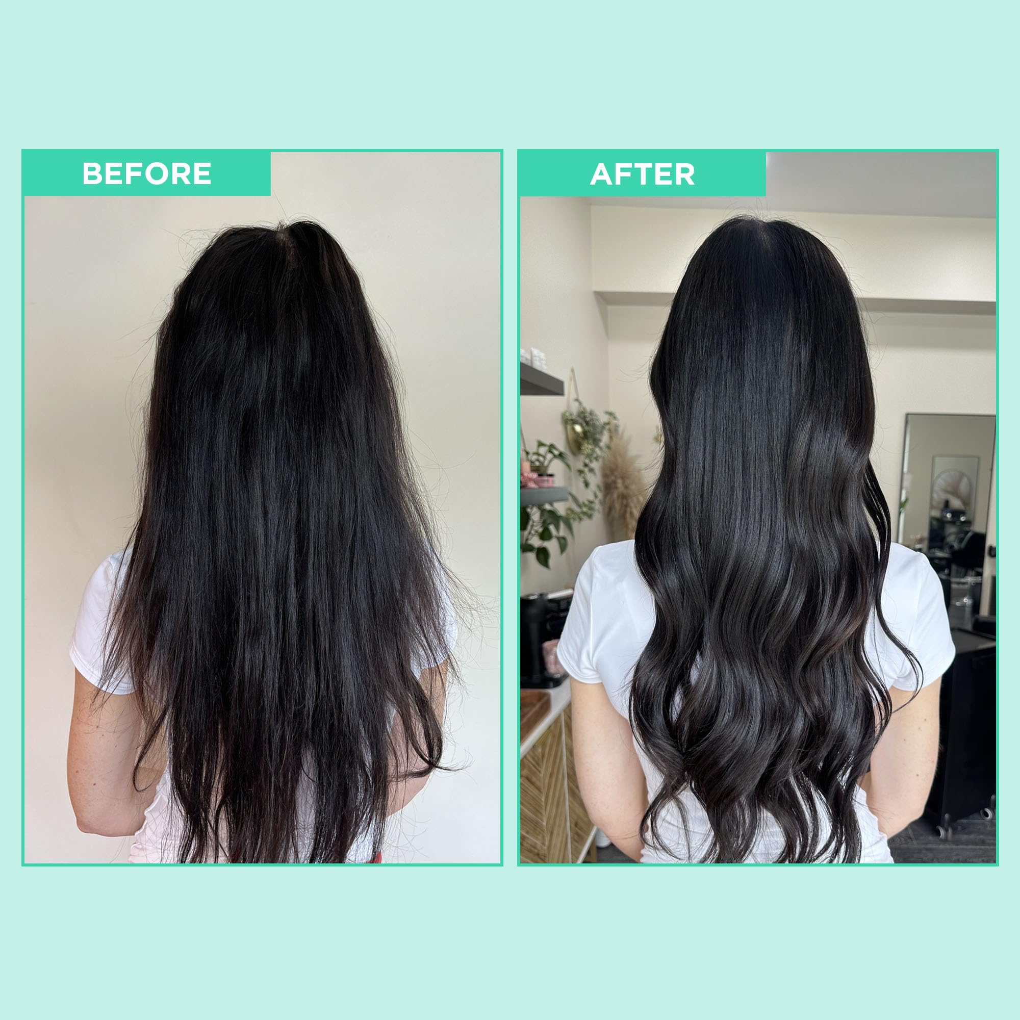 Lifestyle shot shows glossy, frizz-free strands after use.