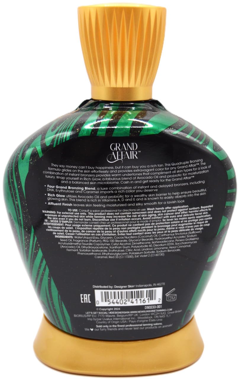 Designer Skin Grand Affair Tanning Lotion bottle close-up highlighting the hydrating formula for smoother skin during tanning