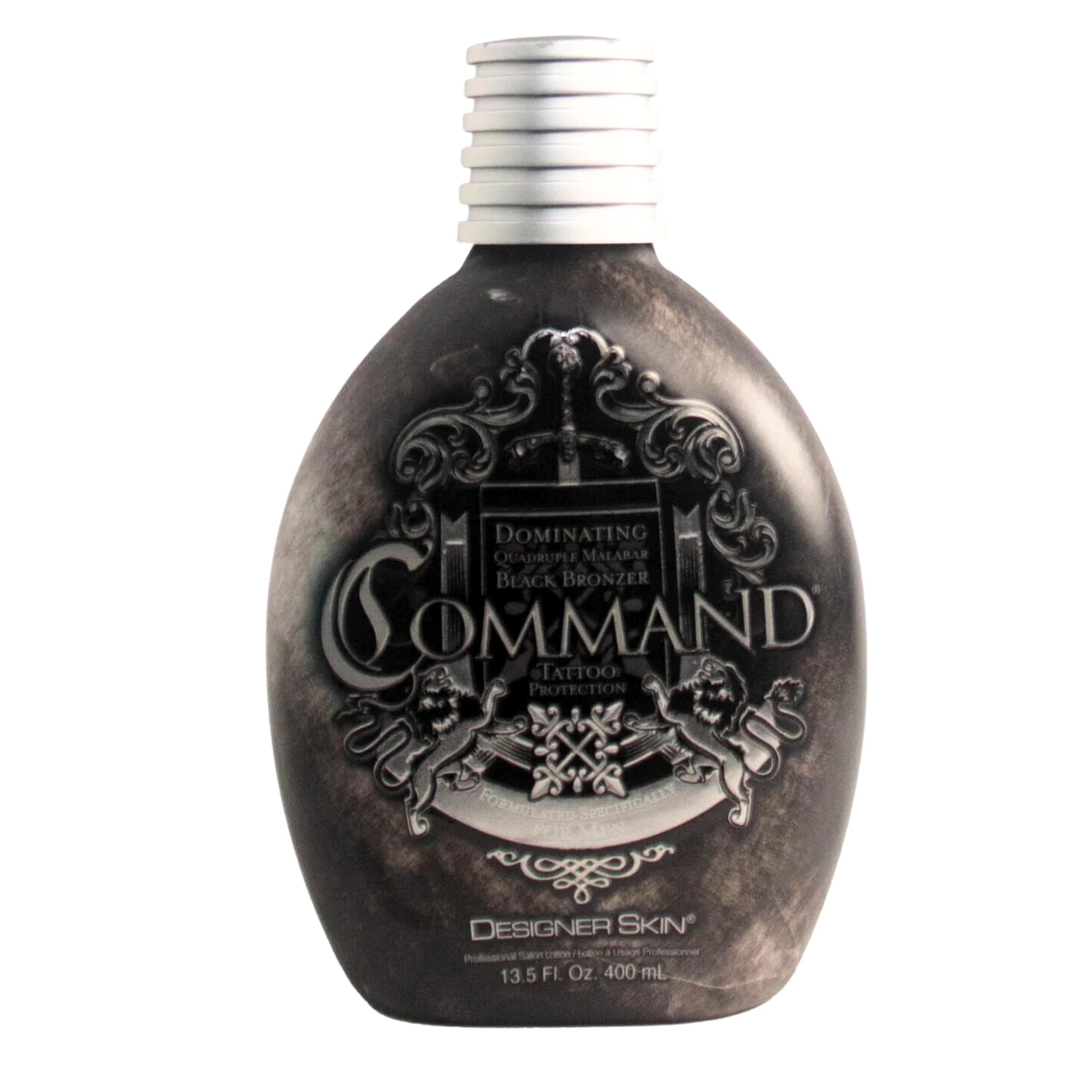 Designer Skin Command tanning lotion bottle close-up for smooth, even application