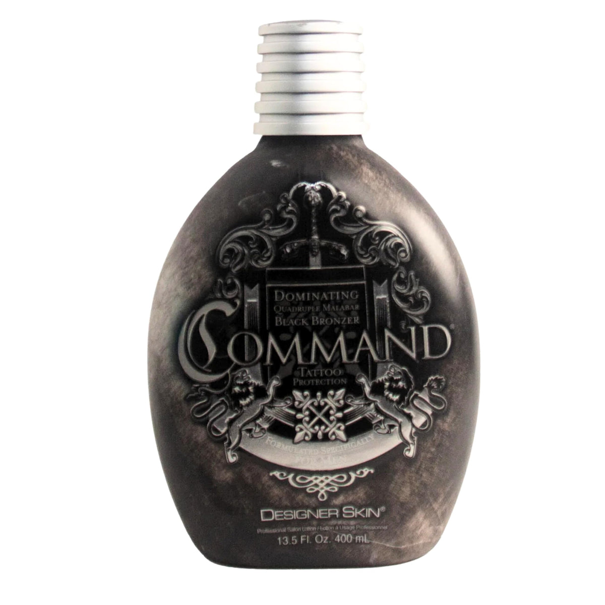 Designer Skin Command tanning lotion bottle close-up for smooth, even application