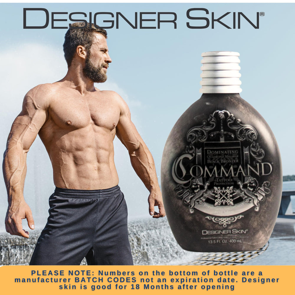 Designer Skin Command bottle in hand highlighting hydrating formula for glow