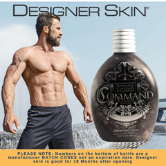 Designer Skin Command bottle in hand highlighting hydrating formula for glow