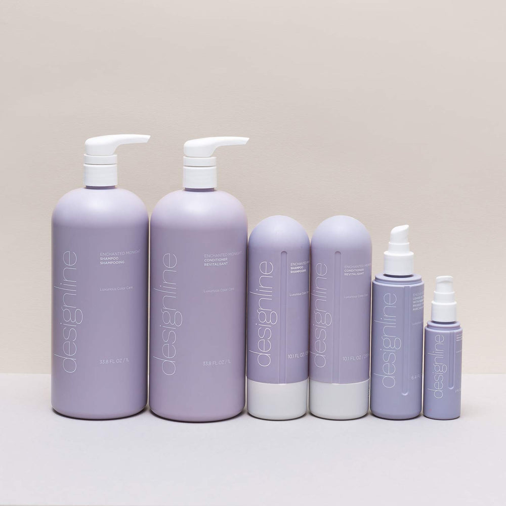 DESIGNLINE Enchanted Midnight Shampoo packaging highlighting argan oil and nourishment.