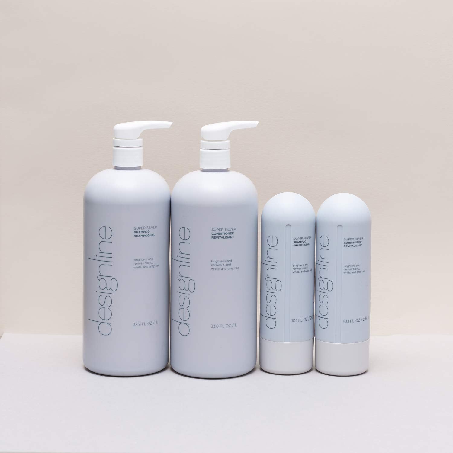 DESIGNLINE Super Silver Shampoo 32oz packaging emphasizes value and long lasting use.