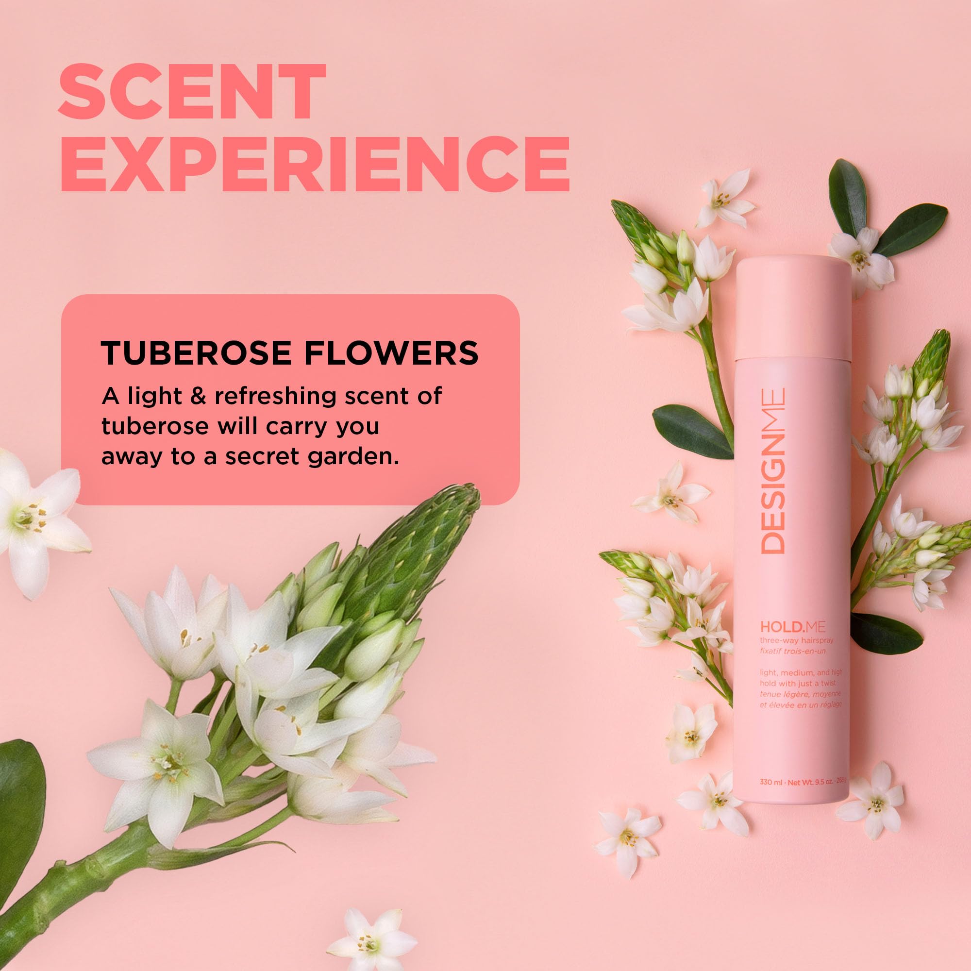 Design.Me HOLD.ME high hold spray, delivering firm yet touchable set.