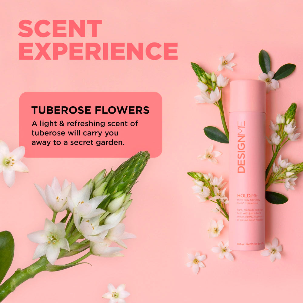Design.Me HOLD.ME high hold spray, delivering firm yet touchable set.