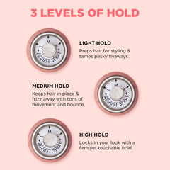Design.Me HOLD.ME light hold spray in hand, ideal for smoothing flyaways.