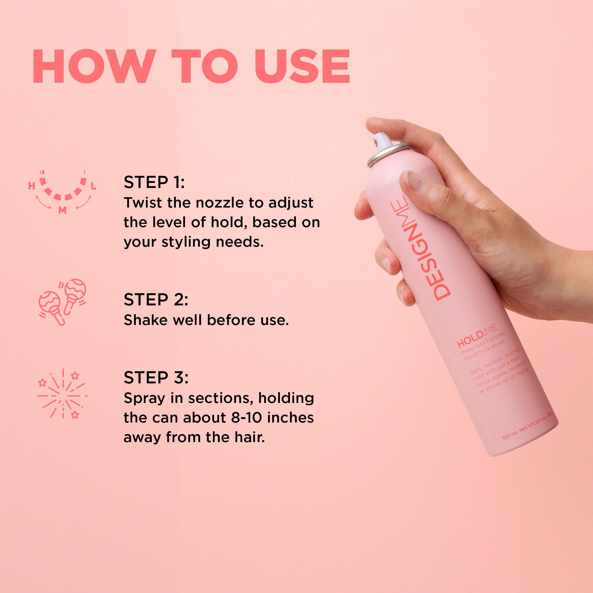 Design.Me HOLD.ME medium hold spray, offering flexible, long-lasting control.