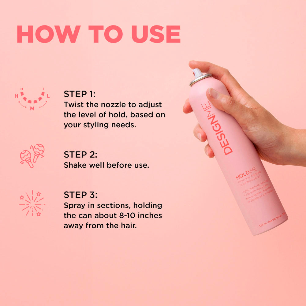Design.Me HOLD.ME medium hold spray, offering flexible, long-lasting control.