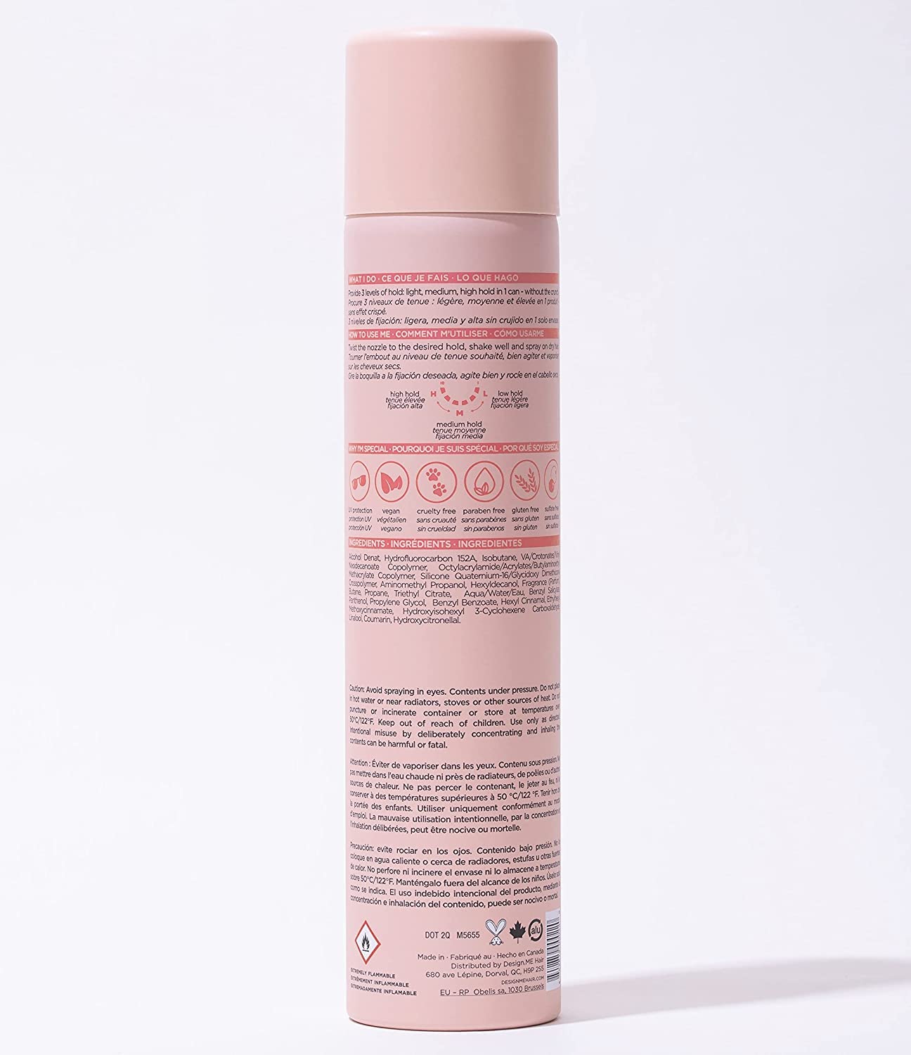 Design.Me HOLD.ME mist dispersed through hair for styling.