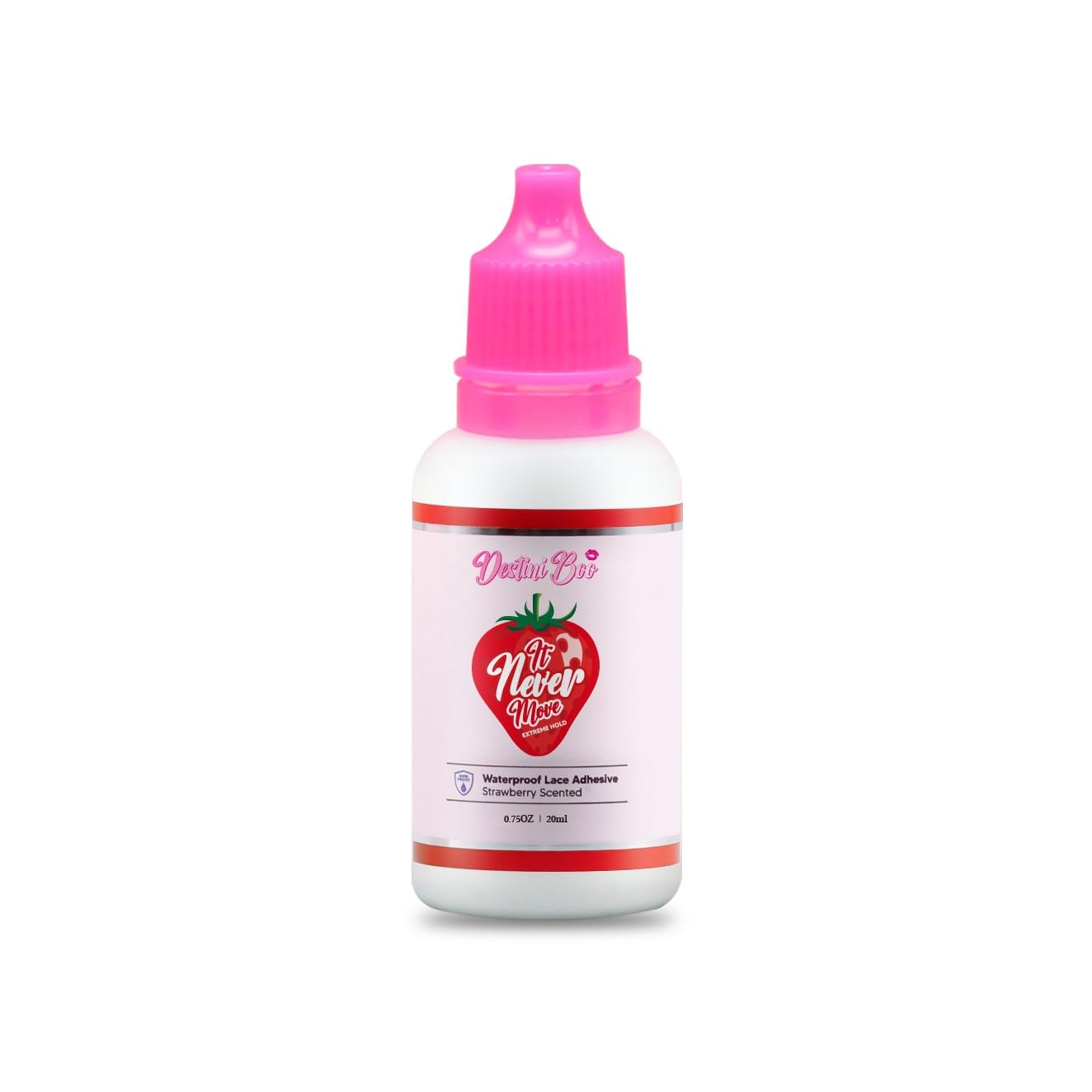 Destini Boo It Never Move bottle close-up highlighting medical-grade adhesive for wigs.