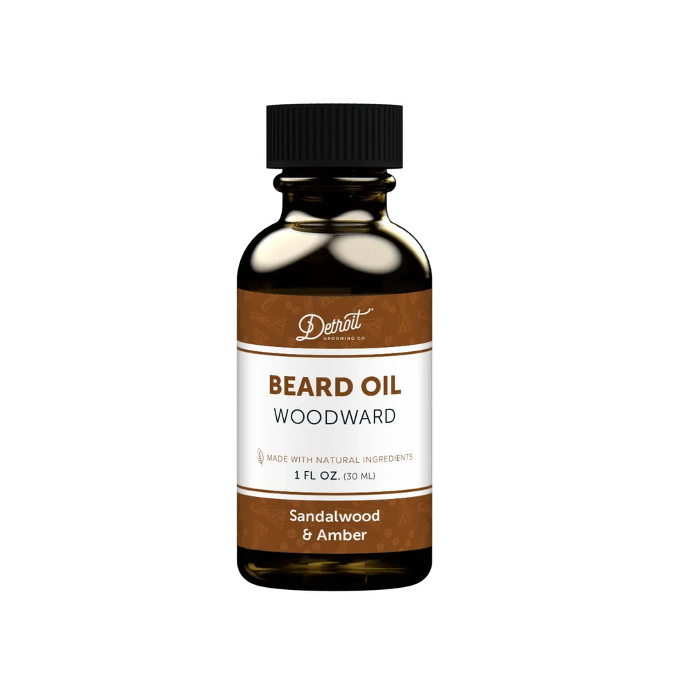 Detroit Grooming Beard Oil Woodward Scent bottle closeup highlights hydrating formula