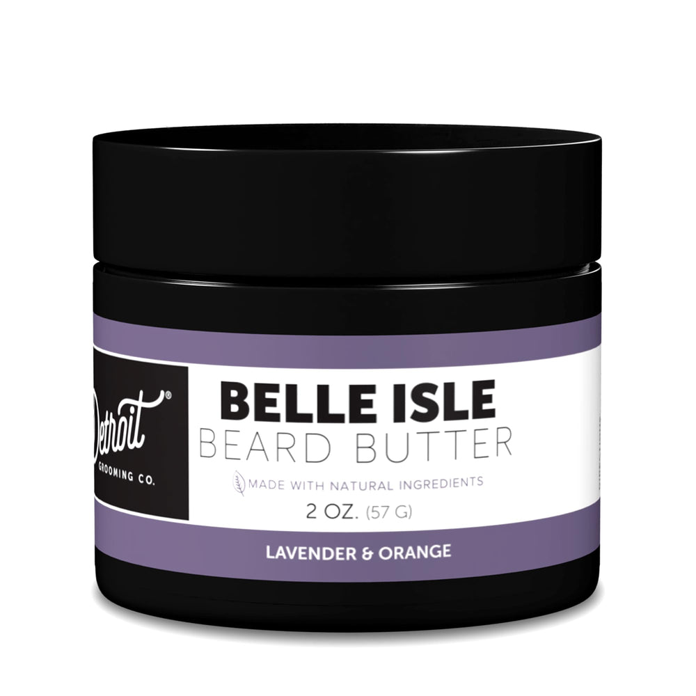 Detroit Grooming Co. beard butter Belle Isle bottle shows hydration for soft, itch-free beard.