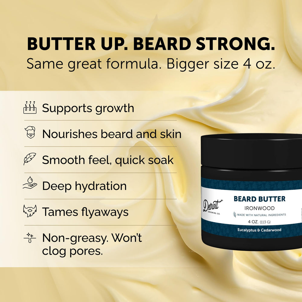 Detroit Grooming Co. beard butter being applied by hands for hydration and relief