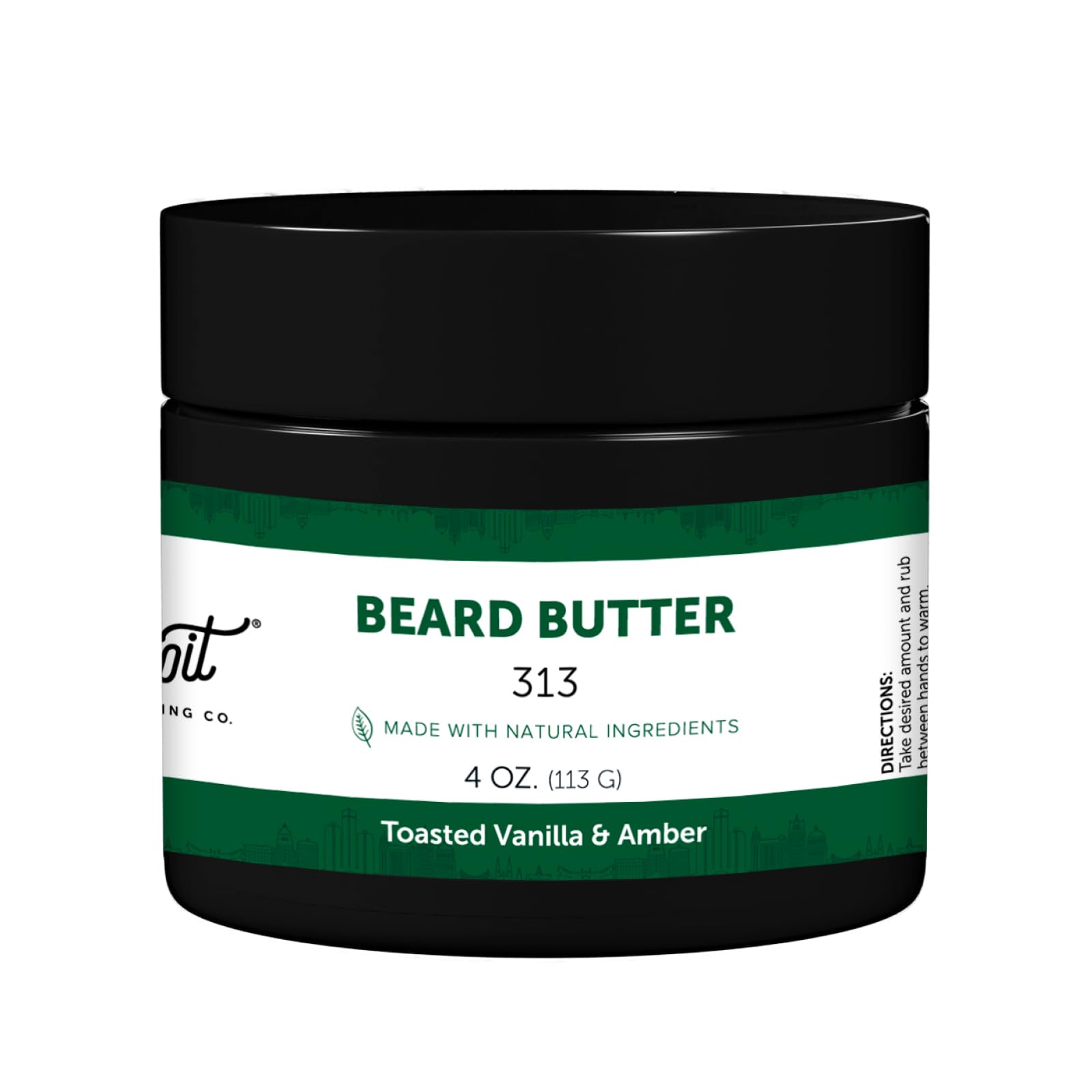 Detroit Grooming Co. beard butter jar demonstrates nourishing hydration for a softer, healthier beard.