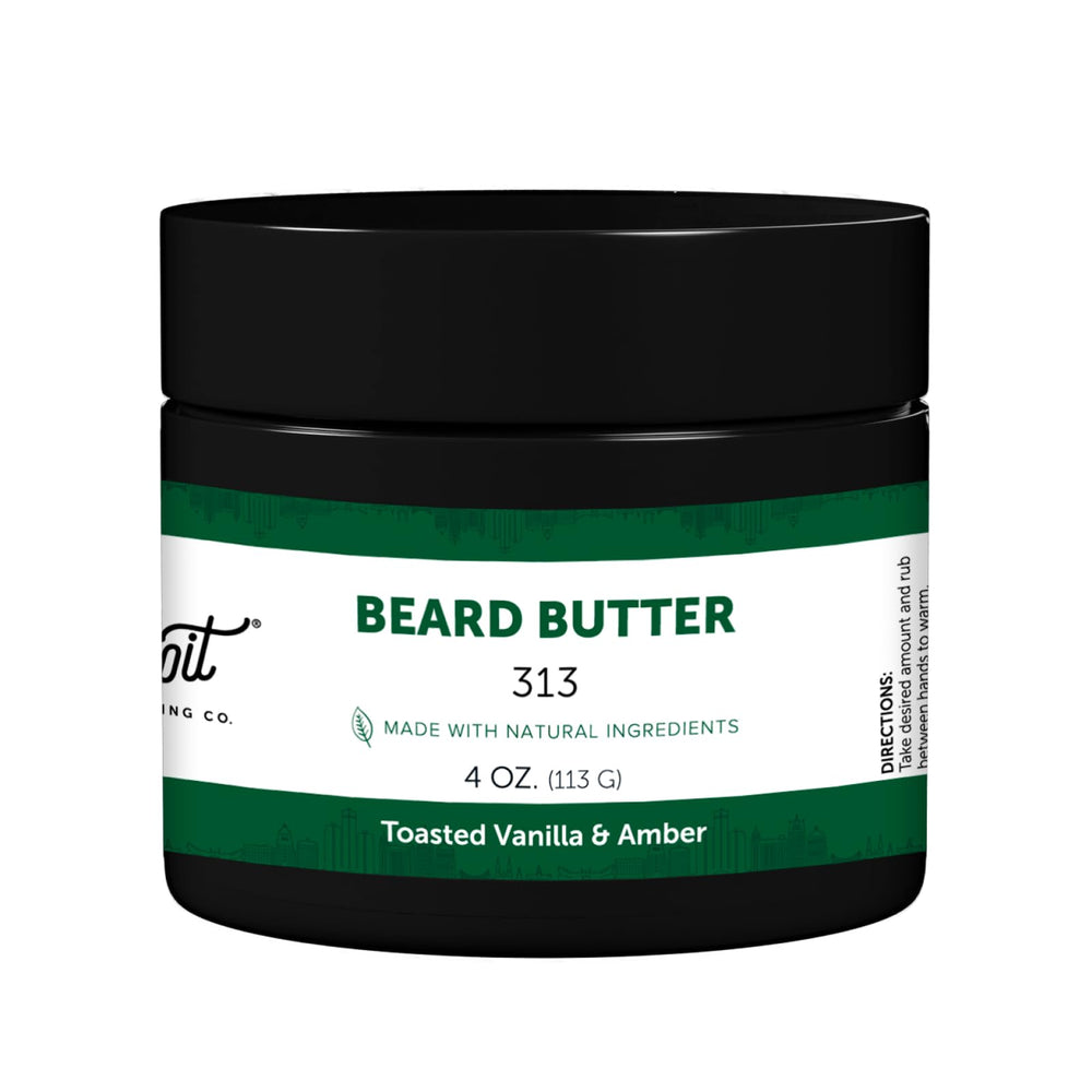 Detroit Grooming Co. beard butter jar demonstrates nourishing hydration for a softer, healthier beard.